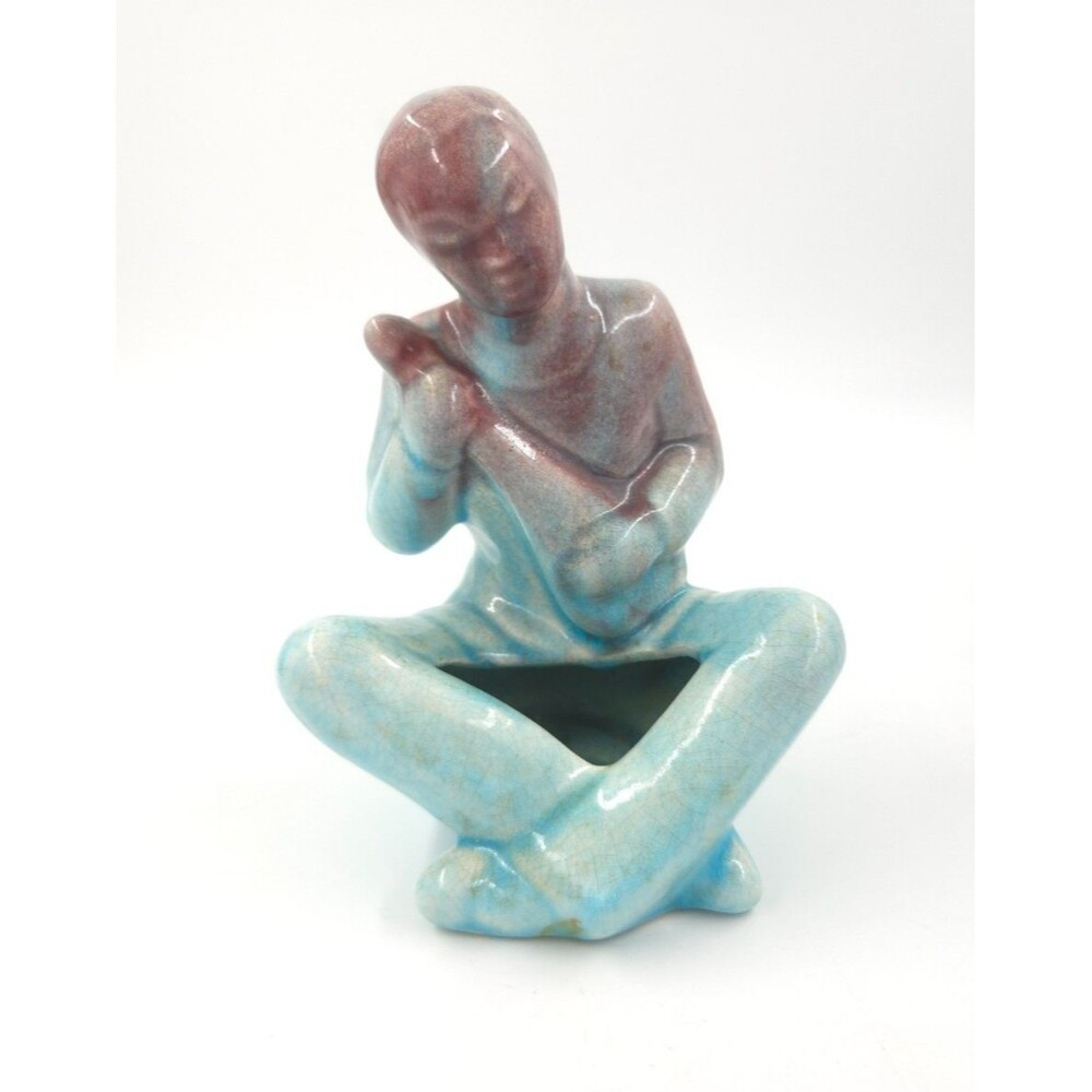 Vintage MCM Turquoise & Rose Person Playing Banjo California Pottery